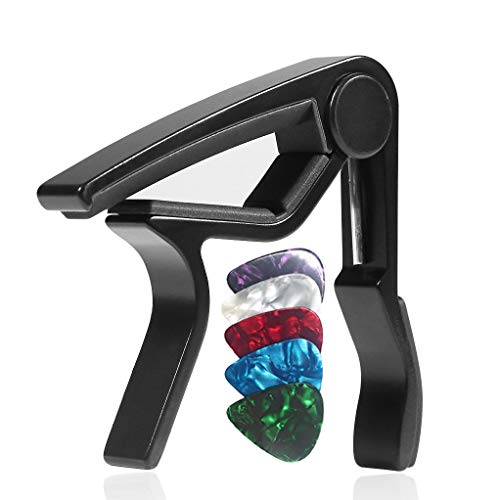 WiNGO Cejilla de Guitarra para Electrica Acustica Folk Ukelele Bajo Guitar Aleación de Aluminio Guitar Capo con 5 Púas de Guitarra, Negro.