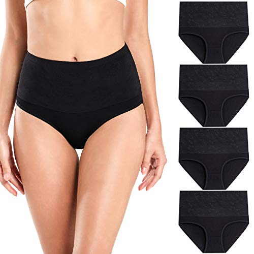 wirarpa Bragas Talle Alto Algodón para Mujer Cómodo elástico Braga Pantalones de Mujer Pack de 4 Negro Tamaño M