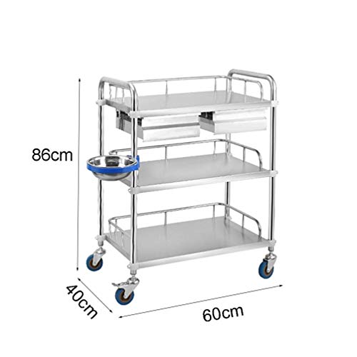 WJY Carro, Comedor Carro médico Carro Diner Carro médico grande de 3 estantes para almacenamiento de enfermería con 2 cajones, Carro utilitario de acero inoxidable para carro de equipo de laboratorio