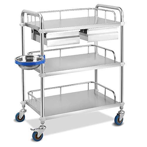 WJY Carro, Comedor Carro médico Carro Diner Carro médico grande de 3 estantes para almacenamiento de enfermería con 2 cajones, Carro utilitario de acero inoxidable para carro de equipo de laboratorio