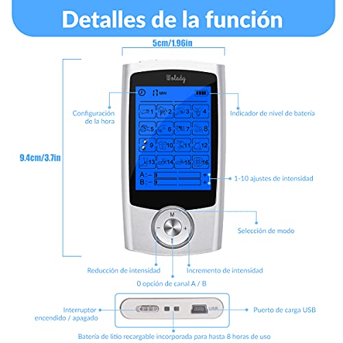 Wolady Masajeador Electroestimulador Digital EMS TENS Masaje Recargable 16 Modo 2 Canales Masajeador Portatil Estimulador Eléctrico Muscular Aliviar Dolor Espalda Cuello Hombro