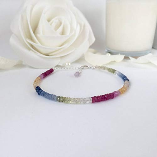 World Wide Gems 925 Sterling Silver Unique Wedding Gift 3x1-4x1mm Stracking Multi Sapphire Bracelet Rondelle, Smooth 7" for Mens, Womens, GF, BF & Adult.