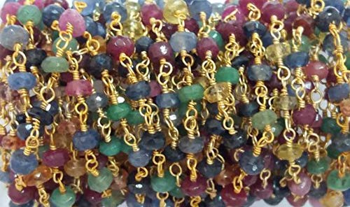 World Wide Gems Beads Gemstone 3 Feet Natural Multi Sapphire Beaded Chain - Gold Over Sterling Silver or Gold Plated Wire Wrapped Chain - Beads 2.5-3.5mm Code-HIGH-38281