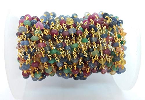 World Wide Gems Beads Gemstone 3 Feet Natural Multi Sapphire Beaded Chain - Gold Over Sterling Silver or Gold Plated Wire Wrapped Chain - Beads 2.5-3.5mm Code-HIGH-38281