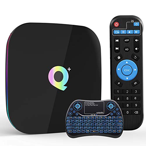 YAGALA Q Plus Android 9.0 TV Box con Mini Teclado inalámbrico retroiluminado, Allwinner H6 Quad-Core 64bit Arm Corter-A53 CPU 4GB RAM 32GB RAM Mali T720 GPU 4K 6K Resolución 2.4GHz WiFi 100M LAN