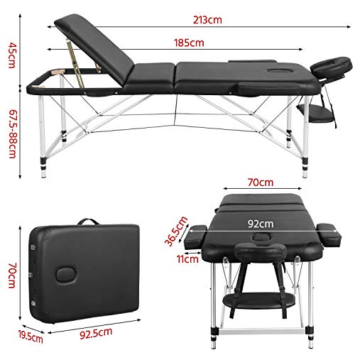 Yaheetech 3 Secciones Cama de Masaje Camilla Plegable Cama Portátil Altura Ajustale Aluminio Ancho 70 cm