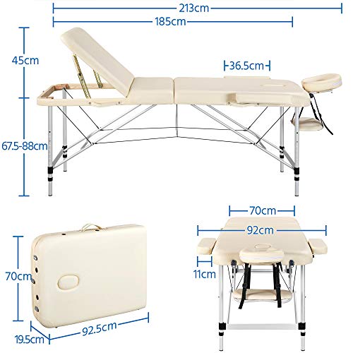 Yaheetech 3 Secciones Cama de Masaje Camilla Plegable Cama Portátil Altura Ajustale Aluminio Ancho 70 cm Beige