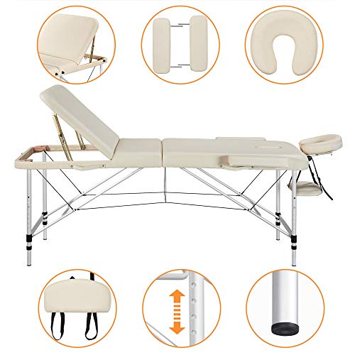 Yaheetech 3 Secciones Cama de Masaje Camilla Plegable Cama Portátil Altura Ajustale Aluminio Ancho 70 cm Beige