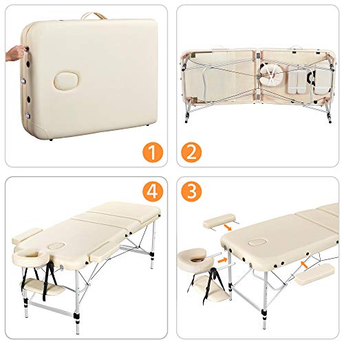 Yaheetech 3 Secciones Cama de Masaje Camilla Plegable Cama Portátil Altura Ajustale Aluminio Ancho 70 cm Beige