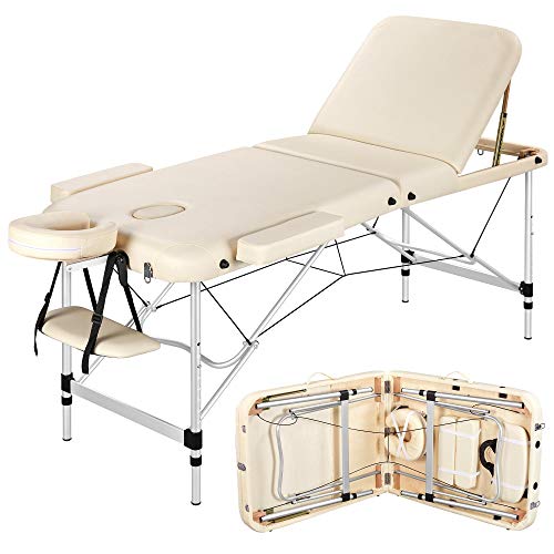 Yaheetech 3 Secciones Cama de Masaje Camilla Plegable Cama Portátil Altura Ajustale Aluminio Ancho 70 cm Beige