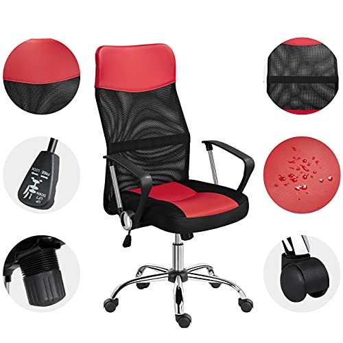 Yaheetech Silla de Oficina Escritorio Giratoria Ergonómica Cuero PU Sillón con Lumbar Ruedas Respaldo Alto Altura Ajustable Rojo