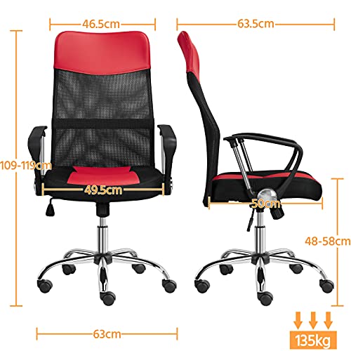 Yaheetech Silla de Oficina Escritorio Giratoria Ergonómica Cuero PU Sillón con Lumbar Ruedas Respaldo Alto Altura Ajustable Rojo