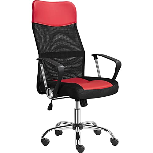 Yaheetech Silla de Oficina Escritorio Giratoria Ergonómica Cuero PU Sillón con Lumbar Ruedas Respaldo Alto Altura Ajustable Rojo