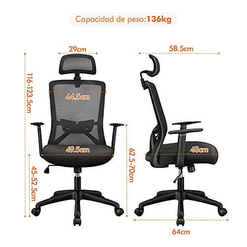 Yaheetech Silla Oficina Ergonómica Silla de Ruedas con Reposacabezas Ajustable Soporte Lumbar Silla Escritorio Despacho Respaldo Alto Negro