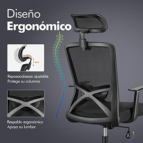 Yaheetech Silla Oficina Ergonómica Silla de Ruedas con Reposacabezas Ajustable Soporte Lumbar Silla Escritorio Despacho Respaldo Alto Negro