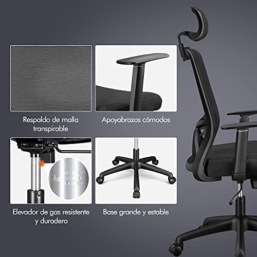 Yaheetech Silla Oficina Ergonómica Silla de Ruedas con Reposacabezas Ajustable Soporte Lumbar Silla Escritorio Despacho Respaldo Alto Negro