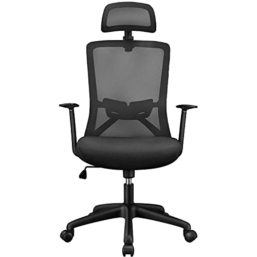 Yaheetech Silla Oficina Ergonómica Silla de Ruedas con Reposacabezas Ajustable Soporte Lumbar Silla Escritorio Despacho Respaldo Alto Negro