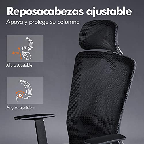 Yaheetech Silla Oficina Ergonómica Silla de Ruedas con Reposacabezas Ajustable Soporte Lumbar Silla Escritorio Despacho Respaldo Alto Negro