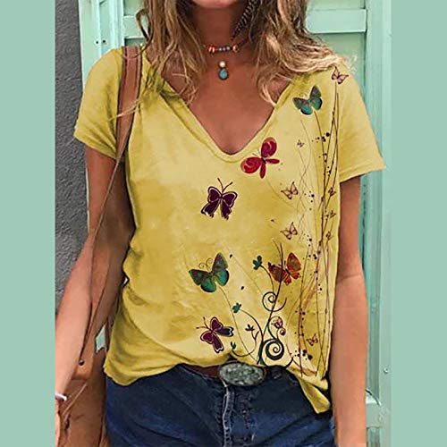 YANFANG Blusa para Mujer Holgada con Estampado de Mariposas de Moda de Verano con Cuello en V Profundo Talla Grande de Manga Corta Casual Adolescente Camiseta