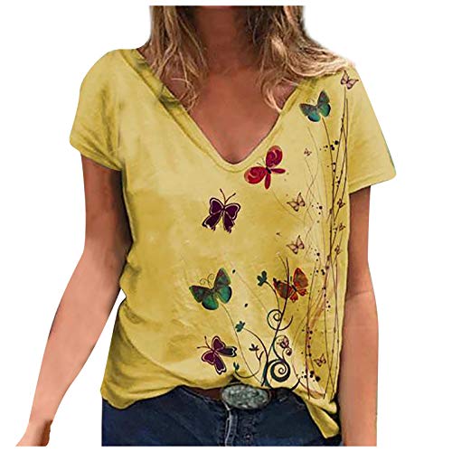 YANFANG Blusa para Mujer Holgada con Estampado de Mariposas de Moda de Verano con Cuello en V Profundo Talla Grande de Manga Corta Casual Adolescente Camiseta