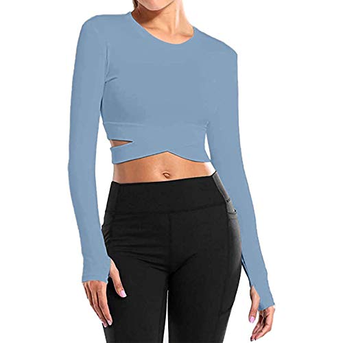 YANFANG Ropa Deportiva Casual de Color sólido para Mujer Tops de Yoga Tops de Manga Larga,Moda Casual Primavera Otoño Blusa Algodón Suelto Tops Sudadera Pullover Elegante,Blue,XXL