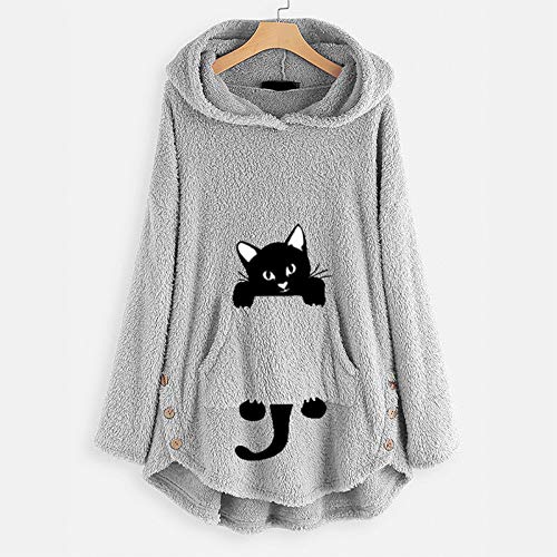 YANFANG Sudadera con Capucha para Mujer Abrigo Chaqueta Caliente y Esponjoso Flannel Tipo Manta Mujeres Fleece Bordado Oreja de Gato Tallas grandesBolsillo Superior Suéter Blusa