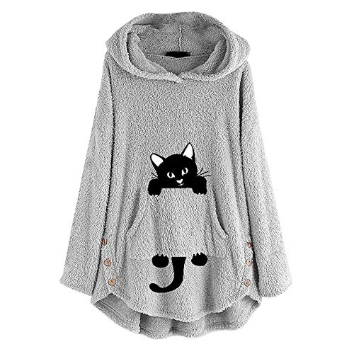 YANFANG Sudadera con Capucha para Mujer Abrigo Chaqueta Caliente y Esponjoso Flannel Tipo Manta Mujeres Fleece Bordado Oreja de Gato Tallas grandesBolsillo Superior Suéter Blusa