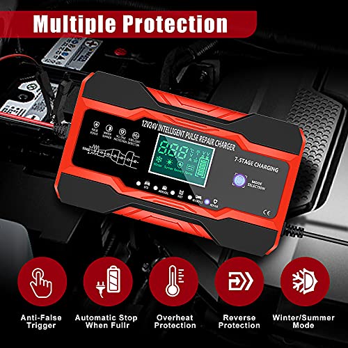 YDBAO Cargador Baterias Coches Moto 12V/24V 10A Cargador de Batería Inteligente Completamente Automático con Pantalla Táctil LCD y Múltiples Protecciones para Baterías de Plomo-ácido/AGM/Gel/EFB