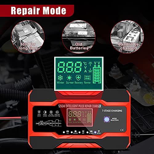 YDBAO Cargador Baterias Coches Moto 12V/24V 10A Cargador de Batería Inteligente Completamente Automático con Pantalla Táctil LCD y Múltiples Protecciones para Baterías de Plomo-ácido/AGM/Gel/EFB