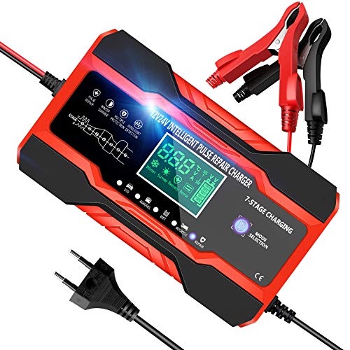 YDBAO Cargador Baterias Coches Moto 12V/24V 10A Cargador de Batería Inteligente Completamente Automático con Pantalla Táctil LCD y Múltiples Protecciones para Baterías de Plomo-ácido/AGM/Gel/EFB