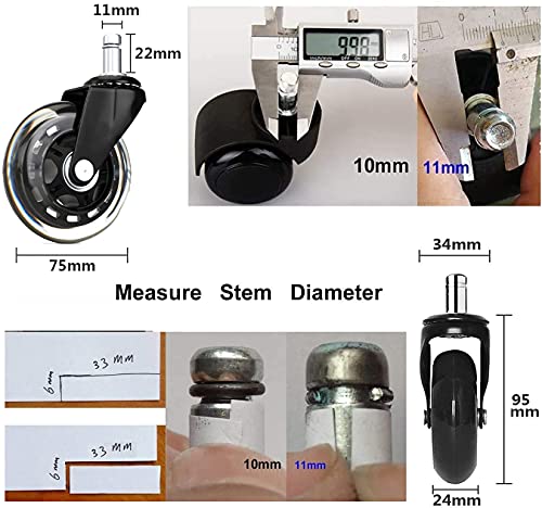 YeMI Rueda Silla Oficina Ruedas de repuesto de goma para silla de oficina , ruedas silenciosas y seguras, para suelos de madera, color negro, 5 unidades, 3"/75mm 11X22mm