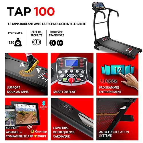 YM TAP100 Cinta De Correr Eléctrica Plegable 10 km/h, Aplicaciòn Compatible Kinomap y Zwift, 12 Programas, Sensor Cardìaco Lubricaciòn Automàtica, Gran Pantalla LCD Digital, 750W (1800W / 2,5HP Pico)