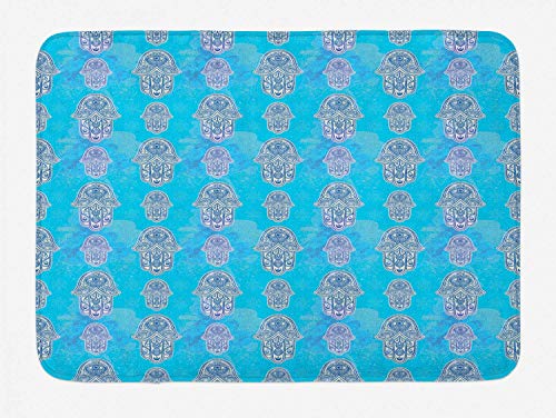 YnimioHOB Alfombra de baño Hamsa, Fondo de frotis de Pintura Grunge con Ojos y Motivos Florales, Alfombrilla Decorativa de baño de Felpa con Respaldo Antideslizante, Azul Marino Azul y Blanco