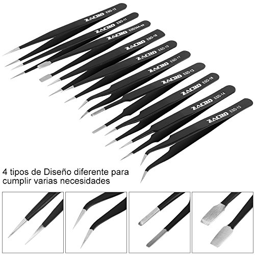 Zacro 11 Pcs Pinzas de Precisión, Tweezers ESD Anti-Estáticas de Acero Inoxidable Pinzas para Electrónicas, Joyería, Laboratorio o Cosmetología, etc.