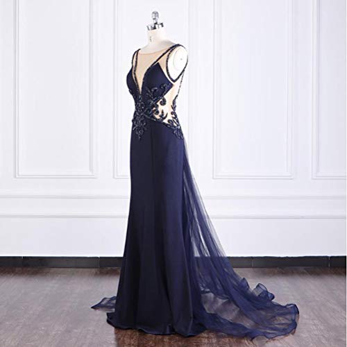 ZCRFYY Vaina/Columna Posterior Hermosa Noche Formal Negro Tie Vestido de Gala Hundiendo Cuello sin Mangas Tribunal Tren Gasa de Encaje con Cuentas Apliques de 2020,Rojo,14