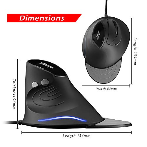 Zelotes Ratón Ergonómico Vertical,Ratón óptico,Ratón con Cable,3200 dpi,6 Botones,reposamuñecas extraíble,Prevención de Codo Enfermedad del ratón Protege Especialmente el Brazo