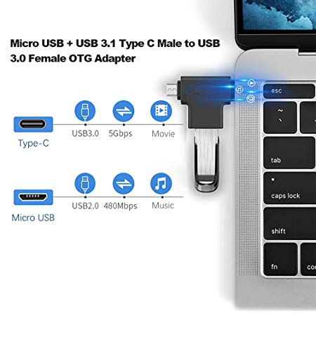 ZHITING 2 en 1 USB 3.0 Muliti Mouse OTG Adaptador Tipo C Micro USB a USB3.0 Convertidor de Datos de Carga Macho a Hembra para Teclado de Disco U Conector de teléfono Android