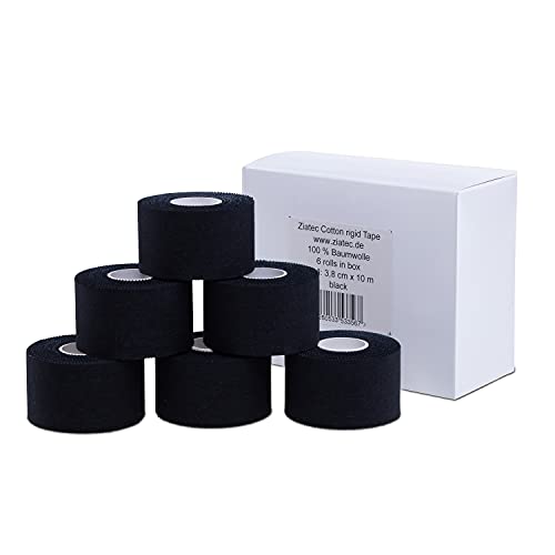 ZiATEC Cotton Athletic Sports Tape Premium - 10 metros | cinta adhesiva deportiva, vendaje de 3.8cm de ancho para fisioterapia, color:6 x Negro