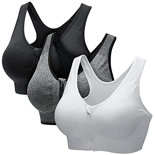 ZOEREA Sujetador Cierre Delantero Deportivo para Mujer Gimnasio Ropa con Almohadillas Extraíbles para Correr Sin Costuras Yoga Fitness，Negro + Gris + Blanco，3XL