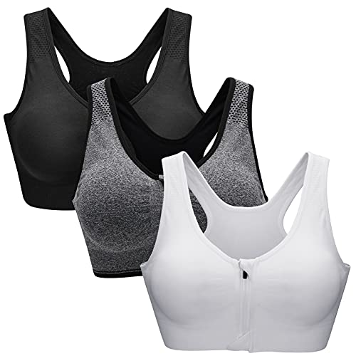 ZOEREA Sujetador Cierre Delantero Deportivo para Mujer Gimnasio Ropa con Almohadillas Extraíbles para Correr Sin Costuras Yoga Fitness，Negro + Gris + Blanco，3XL