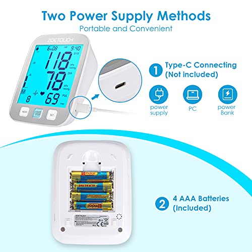 ZOETOUCH Tensiometro, Tensiometro de brazo digital, Monitoreo de Arritmia, 2*250 Memorias Usuarios, Gran Pantalla LCD, Brazalete 22-42cm, aparato tension arterial - Blanco plateado