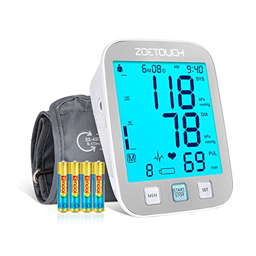 ZOETOUCH Tensiometro, Tensiometro de brazo digital, Monitoreo de Arritmia, 2*250 Memorias Usuarios, Gran Pantalla LCD, Brazalete 22-42cm, aparato tension arterial - Blanco plateado