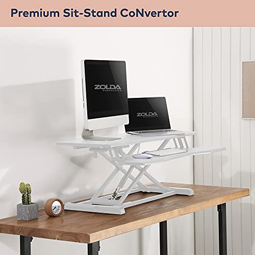 ZOLDA Adaptador de Escritorio de Pie con Bandeja para Teclado - Premium Mesa Regulable Altura & Standing Desk. Convierte Cualquier Mesa en un Escritorio Elevable (L Grande, Blanco)