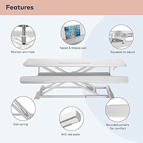 ZOLDA Adaptador de Escritorio de Pie con Bandeja para Teclado - Premium Mesa Regulable Altura & Standing Desk. Convierte Cualquier Mesa en un Escritorio Elevable (L Grande, Blanco)