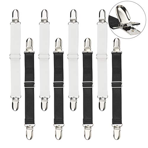 ZoomSky Sujetadores de Hojas 8 pcs para Sujetar sábanas Bajera, Pinzas de sábanas Ajustable y Sujetadores de sofás Negro con Blanco