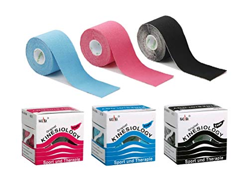 - Cinta de kinesiología de Original Nasara, en práctica caja, varios sets de ahorro de 2 a 12 unidades, 5 cm x 5 m, 1x Blau 1x Pink 1x Schwarz, 3er Sparset 5cmx5m