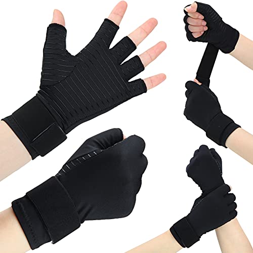 1 Par Guantes de Cobre para Artritis Guantes de Fibra de Cobre de Medio Dedo con Soporte Muñequera Guantes de Compresión Artritis con Correa para Hombre Mujer Túnel Carpiano Tendinitis, M