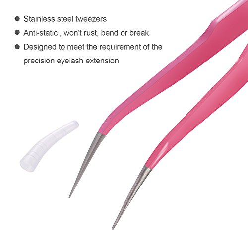 2 Piezas Pinzas de Punta Recta y Curvada para Extensiones de Pestaña, Herramientas de Aplicación de Pestaña Falsa de Acero Inoxidable Rosa