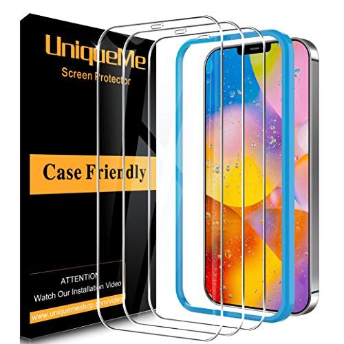 [3 PACK]UniqueMe Protector de pantalla Compatible con iPhone 12 Pro (6.1 pulgadas) Cristal Templado, [Sin burbujas] Dureza 9H Película transparente HD Vidrio Templado Con marco de instalación