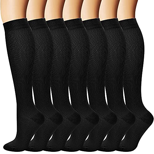 7 pares de Calcetines de Compresión Los Mejores Calcetines Deportivos y Médicos Medias de Compresión para Deportes, Carreras, Viajes en avión, Soporte (S/M, Black)